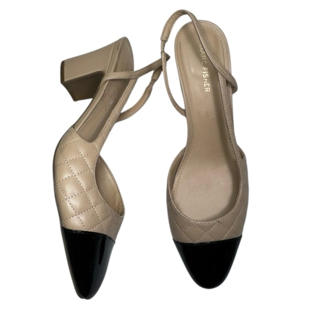 Marc Fisher Laniya Beige Faux Quilted Leather Cap Toe Sling Back Pumps Size 10 - Picture 3 of 12